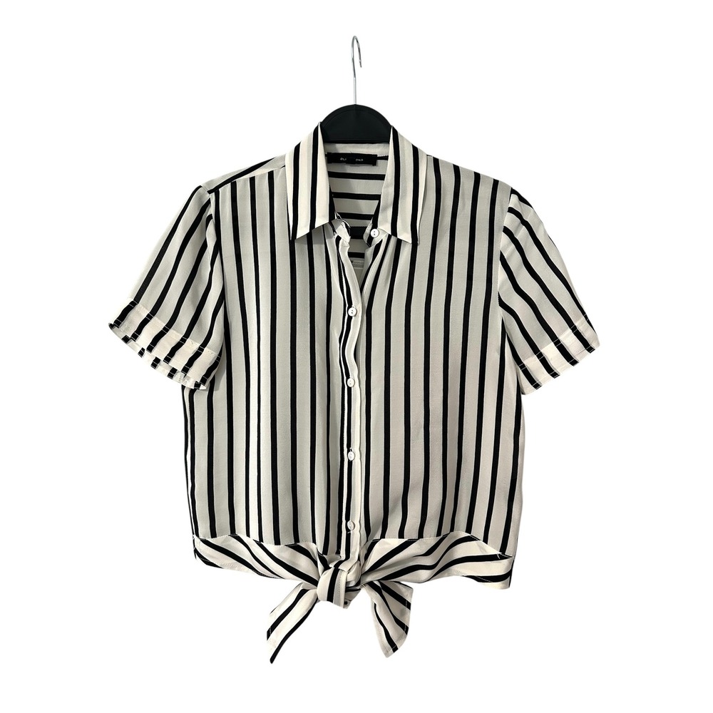 Olivaceous 100% Silk Minimalist Preppy Black White Striped Tie Front Blouse S